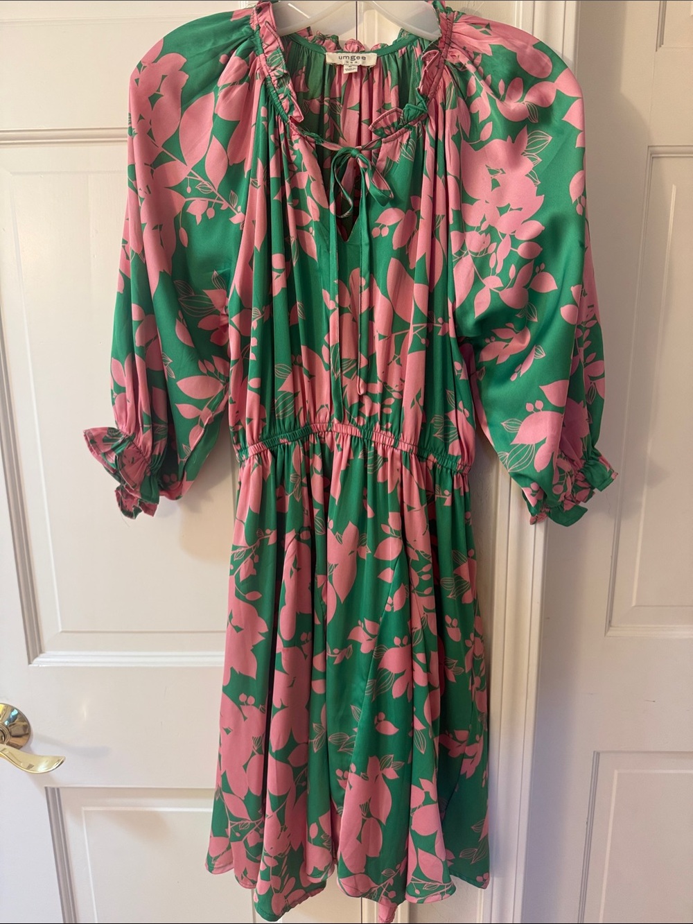 Green & Pink Floral Tie-Neck Dress